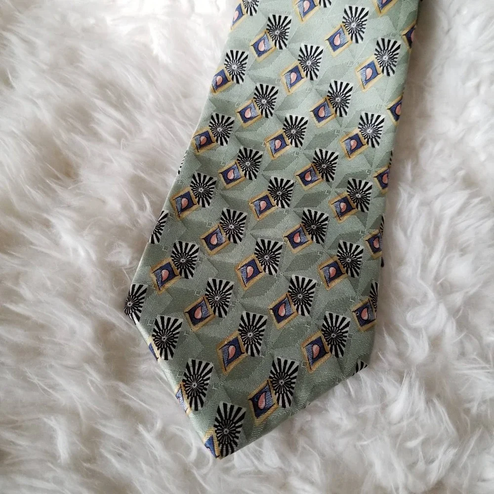 Vtg 90s mens silk tie Alexander Lloyd mint green geometric extra long 65 length